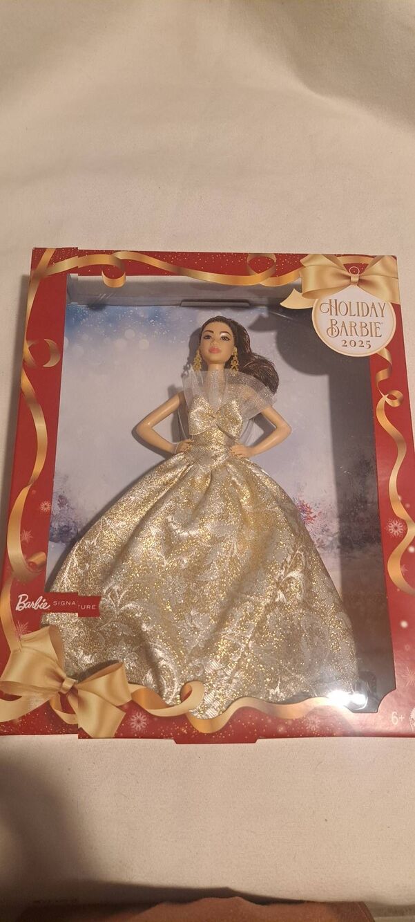 2025 Holiday Barbie Signature Doll JBJ03 Brunette Silver Gold Gown NIB Taya
